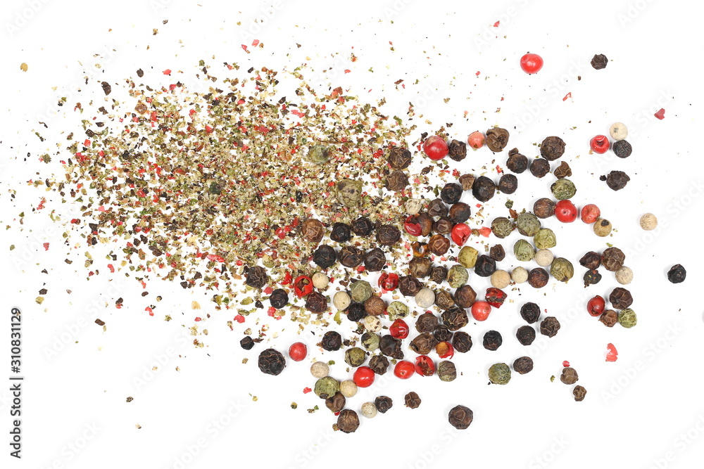 Fototapeta Colorful mixed pepper grains with crushed flakes, isolated on white background