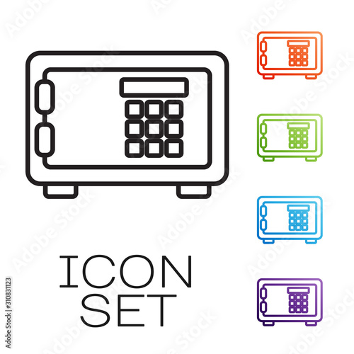 Black line Safe icon isolated on white background. The door safe a bank vault with a combination lock. Reliable Data Protection. Set icons colorful. Vector Illustration