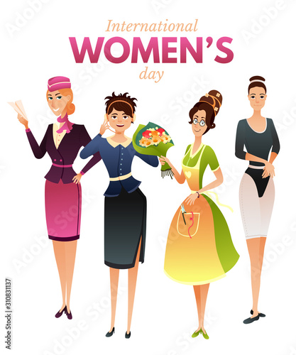 International women day cartoon greeting poster