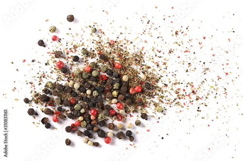 Fototapeta Naklejka Na Ścianę i Meble -  Colorful mixed pepper grains with crushed flakes, isolated on white background