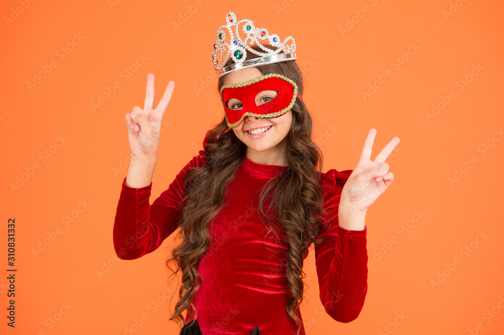 Princess award. Royal and luxury. Visit public event anonymously. Winter new year party. Winter carnival. Incognito mode. Girl wear mask and crown orange background. Winter event and entertainment