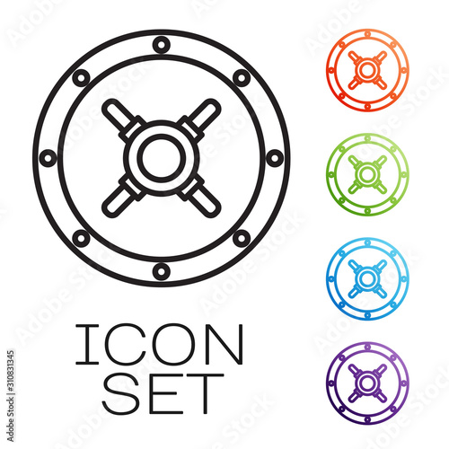 Black line Safe icon isolated on white background. The door safe a bank vault with a combination lock. Reliable Data Protection. Set icons colorful. Vector Illustration