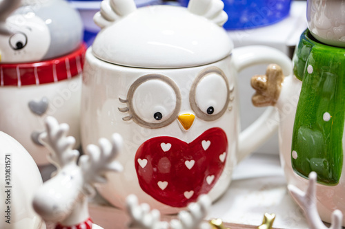 Christmas mugs in souvenir shop