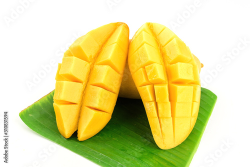 mango and sticky rice,Thai style tropical dessert on white background