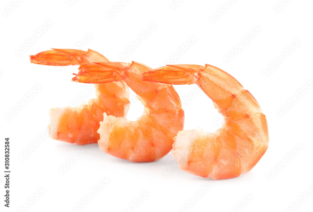 Delicious freshly cooked shrimps isolated on white Delicious freshly cooked shrimps isolated on white