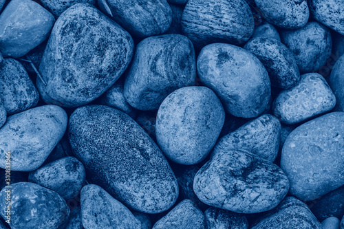 Closeup macro of big huge large blue stones rocks pebbles lying on ground. Natural eco environmental background texture. View from top above. Toned with classic blue 2020 colour.