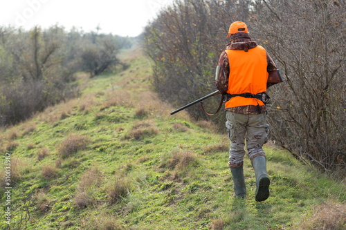 A man with a gun in his hands and an orange vest on a pheasant hunt in a wooded area in cloudy weather. Hunter with dogs in search of game. © Mountains Hunter