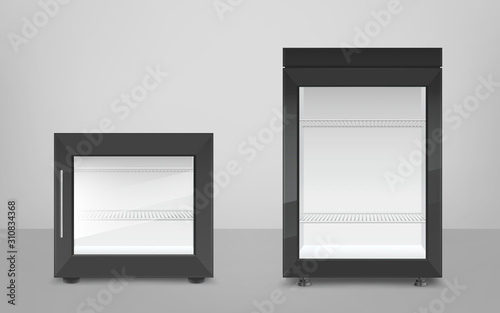 Empty mini refrigerator with glass door. Vector black different size fridges for drink or fresh food in supermarket or kitchen. Modern cooler with metal handle and shelves front view