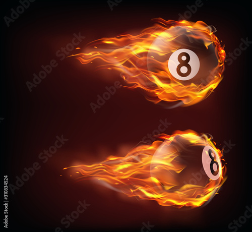 Flying black billiard eight ball in fire isolated on black background. Vector realistic pool or snooker ball with number 8 in flame with sparks. Template for banner or poster of sport tournament