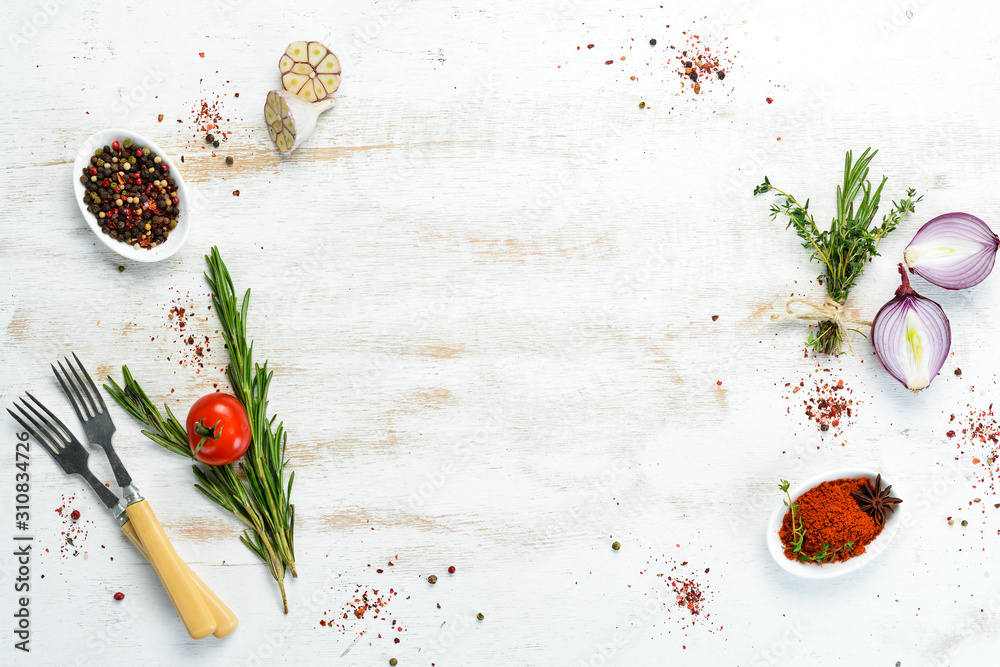 Cooking banner. Background with spices and vegetables. Top view. Free space for your text. - obrazy, fototapety, plakaty 