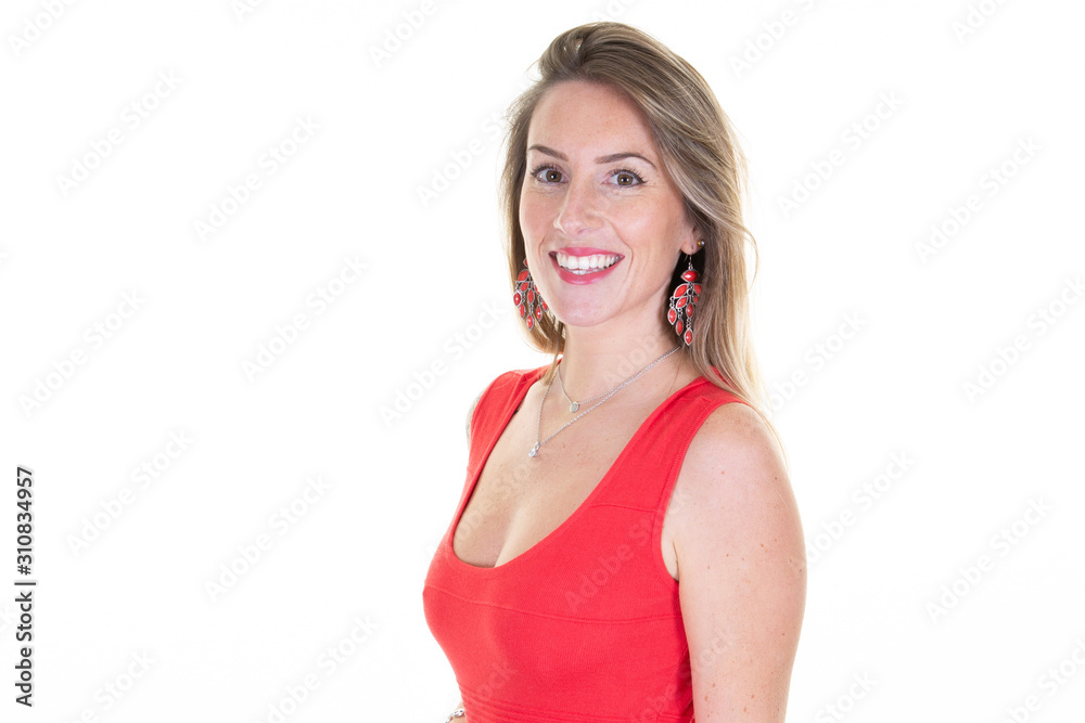 Young blonde woman with red summer shirt over isolated white background laughing Young blonde woman with red summer shirt over isolated white background laughing