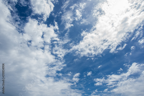 Beautiful sunny clear blue sky with fluffy white clouds. Horizontal color photography.