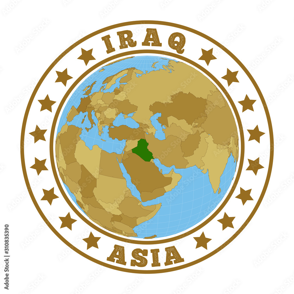 Republic of Iraq logo. Round badge of country with map of Republic of Iraq in world context. Country sticker stamp with globe map and round text. Vector illustration.