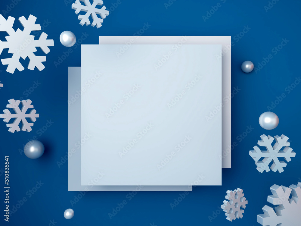 Fototapeta premium 3d render minimal winter scene. Abstract Color of the year 2020 Classic Blue concept with geometrical forms. Snowflakes falling with blank space. Realistic mock up for christmas holiday. Showcase.