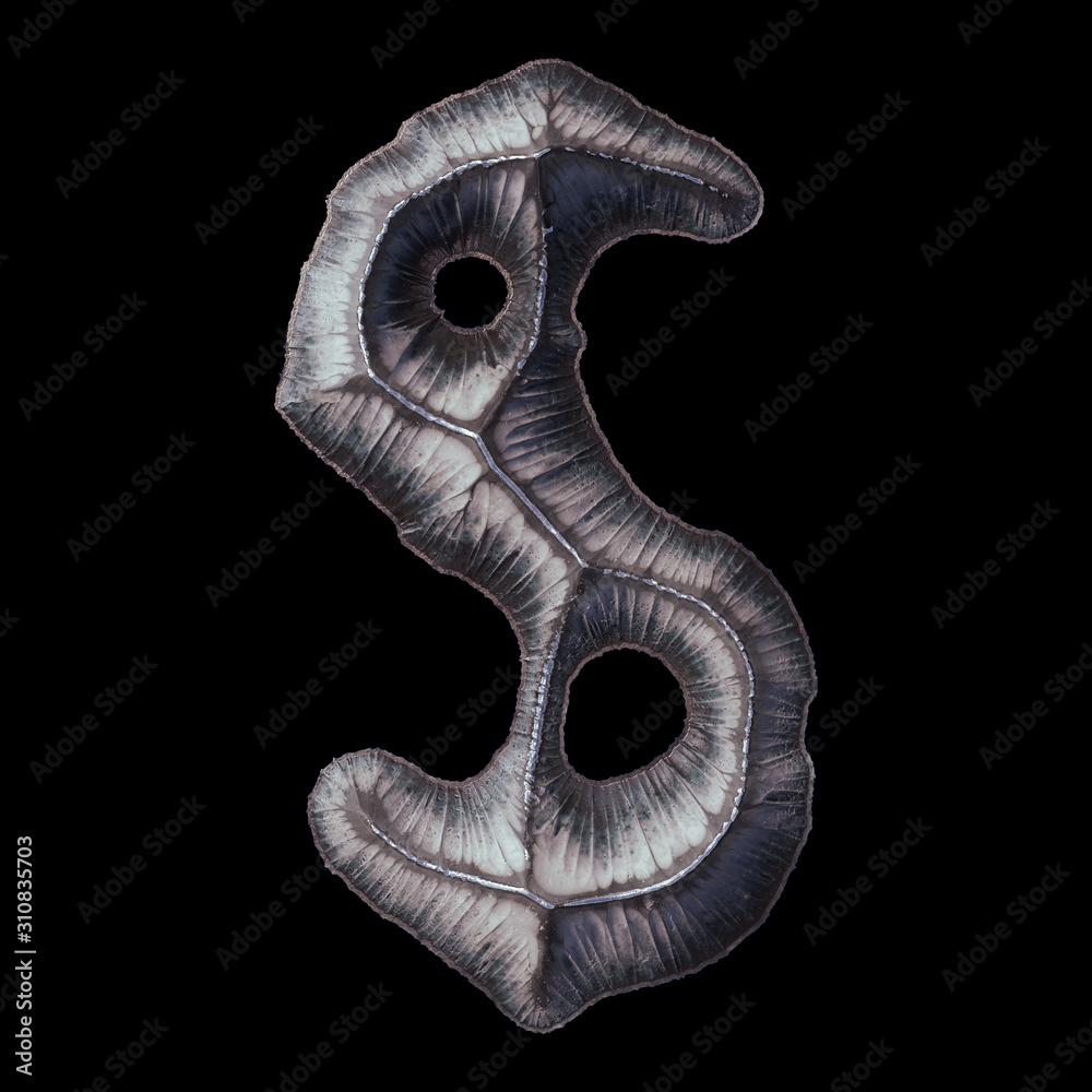 Symbol dollar made of forged metal in the center of circle isolated on black background. 3d