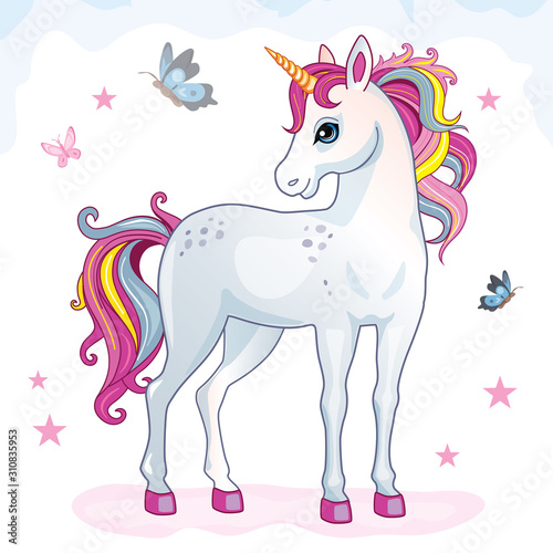 Cartoon beautiful unicorn with rainbow mane on white background. Children's illustration suitable for print and sticker. Isolated image with white horse, butterflies, stars. Magic. Wonderland. Vector.
