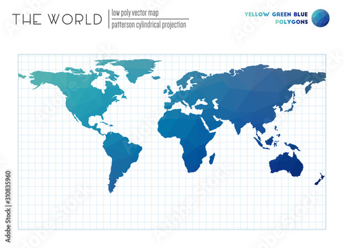 Polygonal map of the world. Patterson cylindrical projection of the world. Yellow Green Blue colored polygons. Energetic vector illustration.