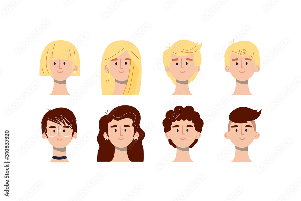 Brown haired, blonde girls and boys avatars head icons in flat style Brown haired, blonde girls and boys avatars head icons in flat style