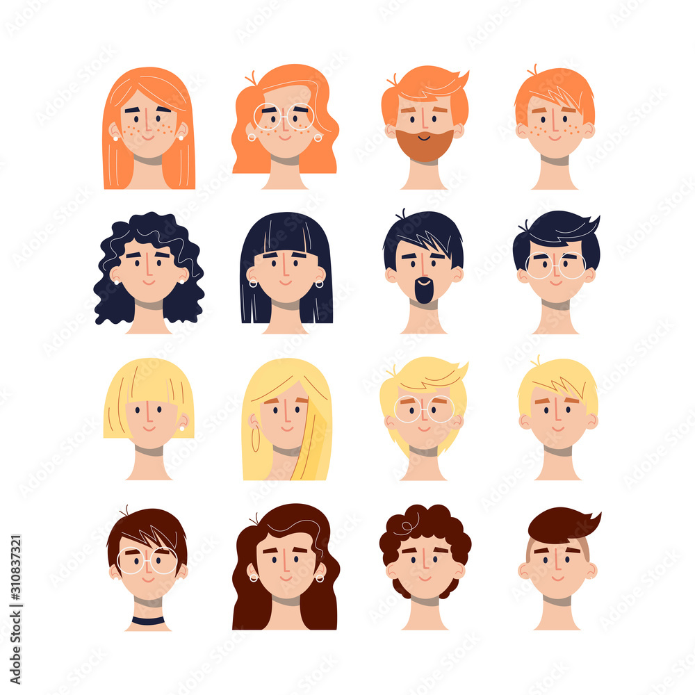 Redhead, brunette, blonde, brain headed girls and boys avatars icons in flat style Redhead, brunette, blonde, brain headed girls and boys avatars icons in flat style