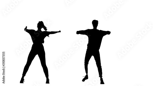 black silhouette on a white background, girl and guy dancing vogue, street dancing, isolated