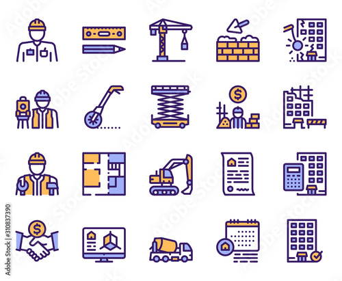 Construction industry color linear vector icons set