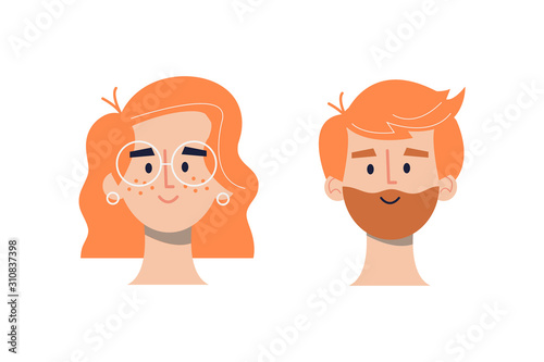 redhead Girls and boys avatars head icons  in flat style
