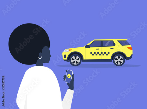 Young black female character ordering a taxi with a mobile app service, yellow cab with checkered pattern