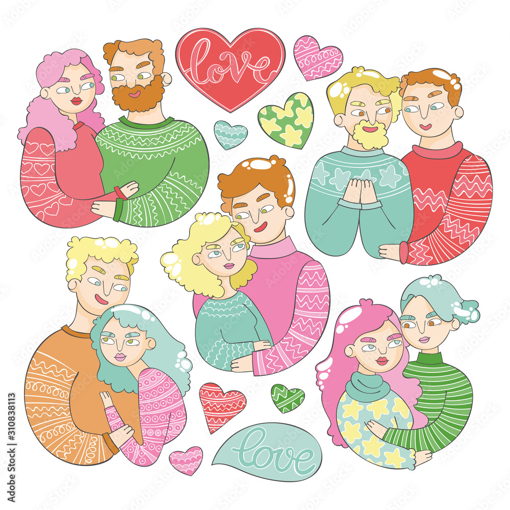 Love. Set. Pair - family. Man and woman. Two men. Two women. Lettering. Heart symbol. Winter warm knitted sweaters. Cartoon people. Isolated vector objects on white background. Love. Set. Pair - family. Man and woman. Two men. Two women. Lettering. Heart symbol. Winter warm knitted sweaters. Cartoon people. Isolated vector objects on white background.