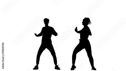 black silhouette on a white background, duet of young dancers dance vogue, street dancing, isolated