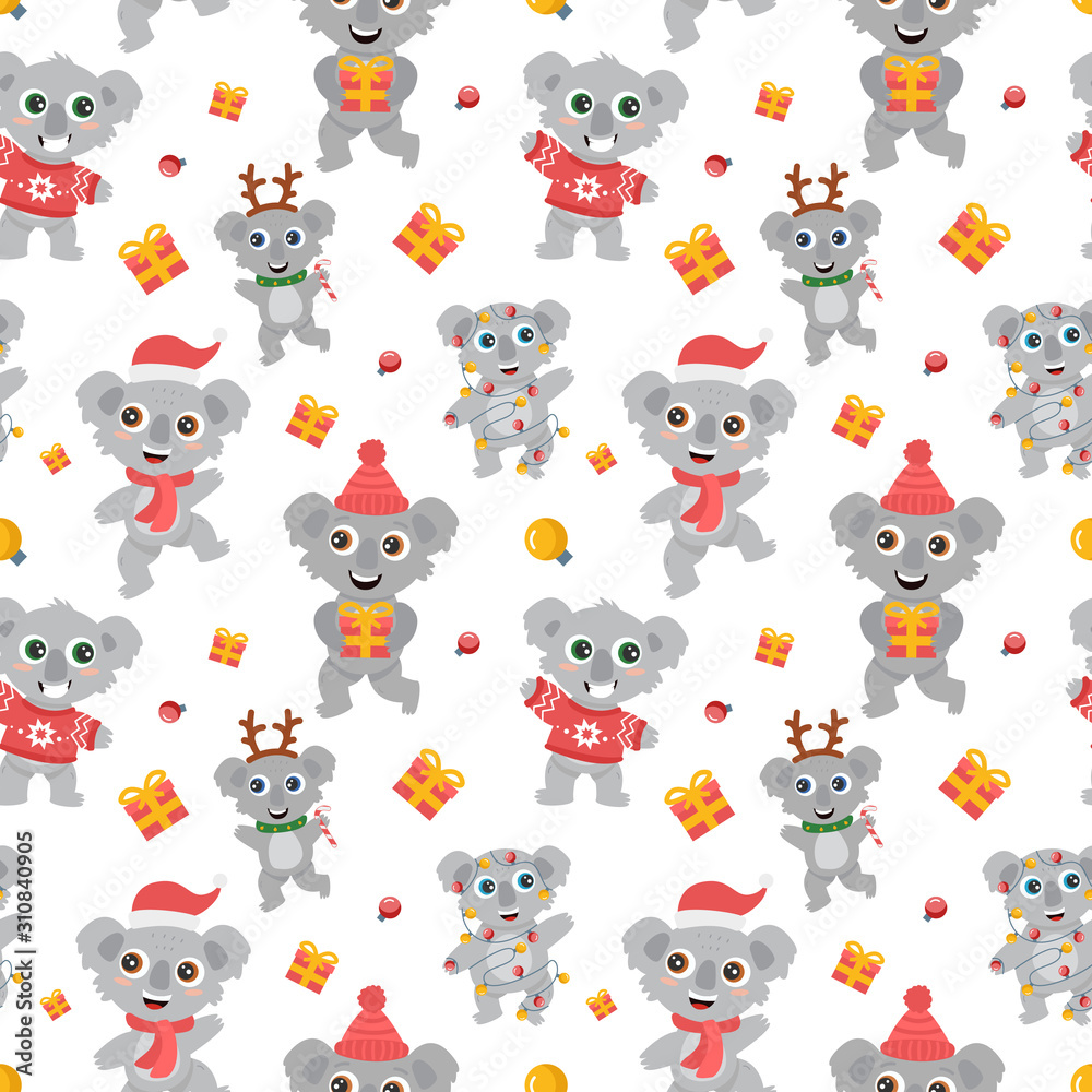 Obraz premium seamless pattern of cute Australian koalas wombats with big eyes in a deer costume with a lollipop, in a red sweater with a gift a Christmas garland, smiling and dancing. New Year flat vector cartoon