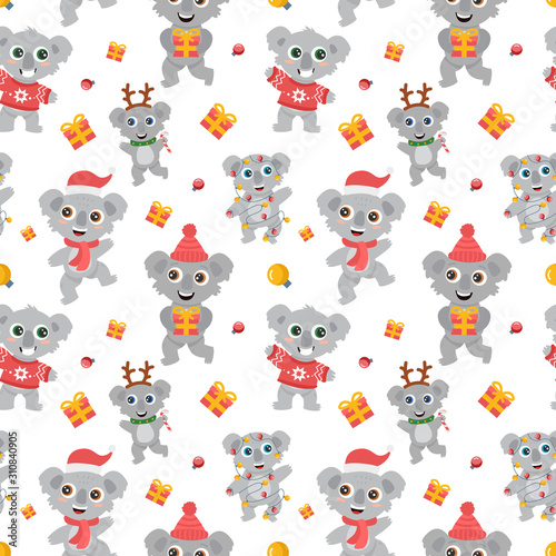 seamless pattern of cute Australian koalas wombats with big eyes in a deer costume with a lollipop, in a red sweater with a gift a Christmas garland, smiling and dancing. New Year flat vector cartoon