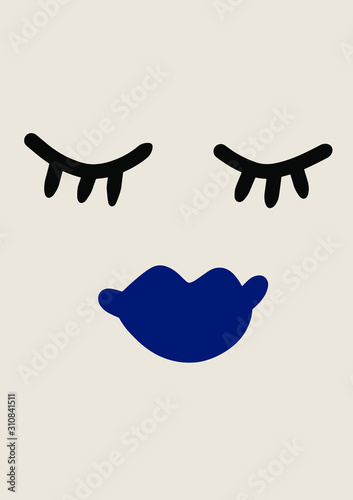 Blue lips pop art woman smile with closed eyes, illustration in vector format. Doodled face icons on white background. Hand-drawn style vector.