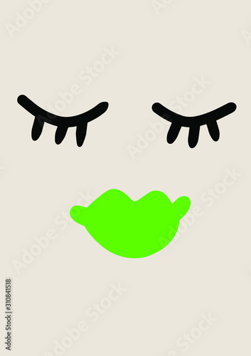 Cute vector in cartoon style. Funny woman smiling with bright green lips and closed. Happy doodle for your design. Beautiful cartoon elements for fashion and print designs. Image Illustraiton