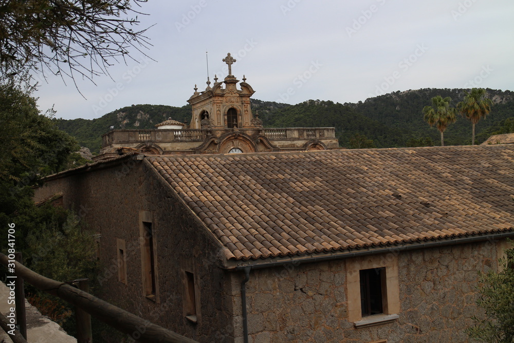 Look to roofs of Monastery Santuari de Lluc in Serra de Tramuntana, Mallorca, Spain Look to roofs of Monastery Santuari de Lluc in Serra de Tramuntana, Mallorca, Spain