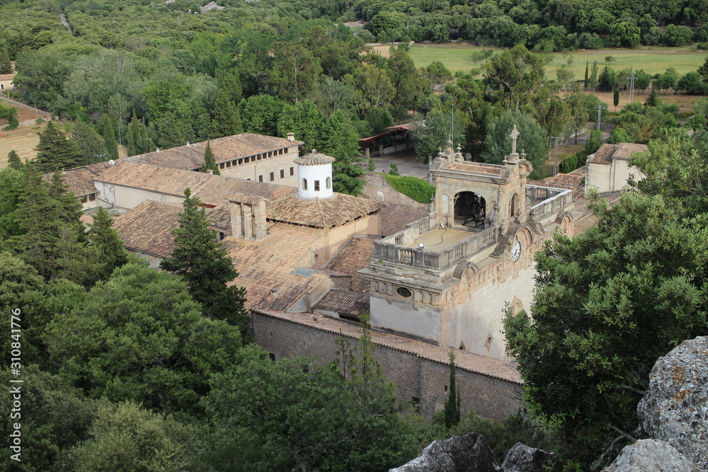 Look to roofs of Monastery Santuari de Lluc in Serra de Tramuntana, Mallorca, Spain