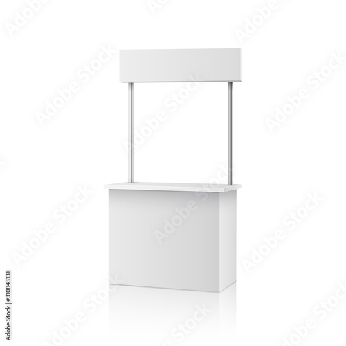 Blank information promo booth isolated on white background. Vector exhibition table stand display. Empty kiosk mockup..