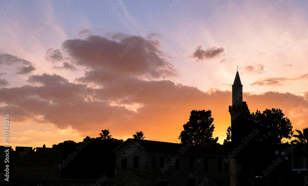 Silhouette of Buyuk Cami Mosque and palm trees against colorful sky at sunset.