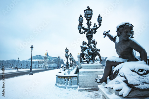 Photography Alexandre III and Invalides building under snow