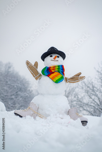 Snowman in a scarf and hat. Happy funny snowman in the snow. Winter background with snowflakes and snowman. Happy snowman standing in winter Christmas landscape