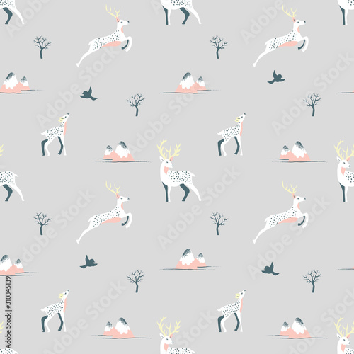 Winter Land with Deers Vector Seamless Pattern