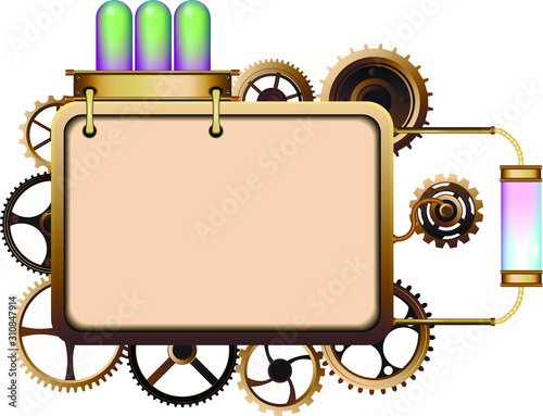 Colorful golden steampunk background and screen. Frame and vintage clock, flakon, bulb, cogs and gears. Vintage set.