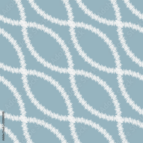 A seamless vector abstract geometric pattern with white embroidered chain on a blue background. Surface print design.