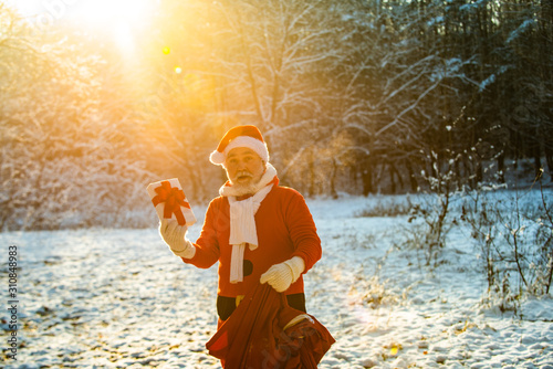 Santa on Christmas Eve is carrying presents to children in a red bag. Santa in the winter field. Winter park trees covered with snow. photo