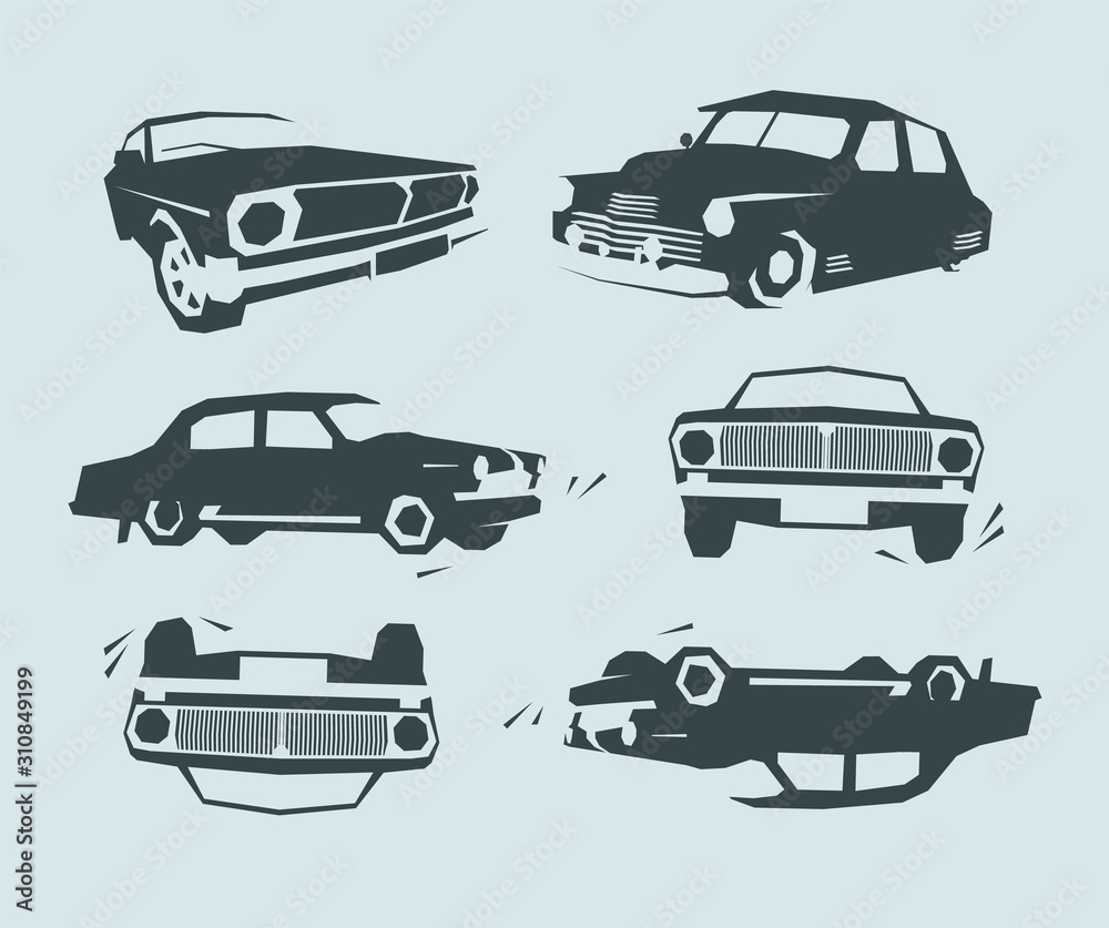 Retro muscle cars, abstract silhouette, simple shape for retro flat and vintage design. Car exhibition, old cars.