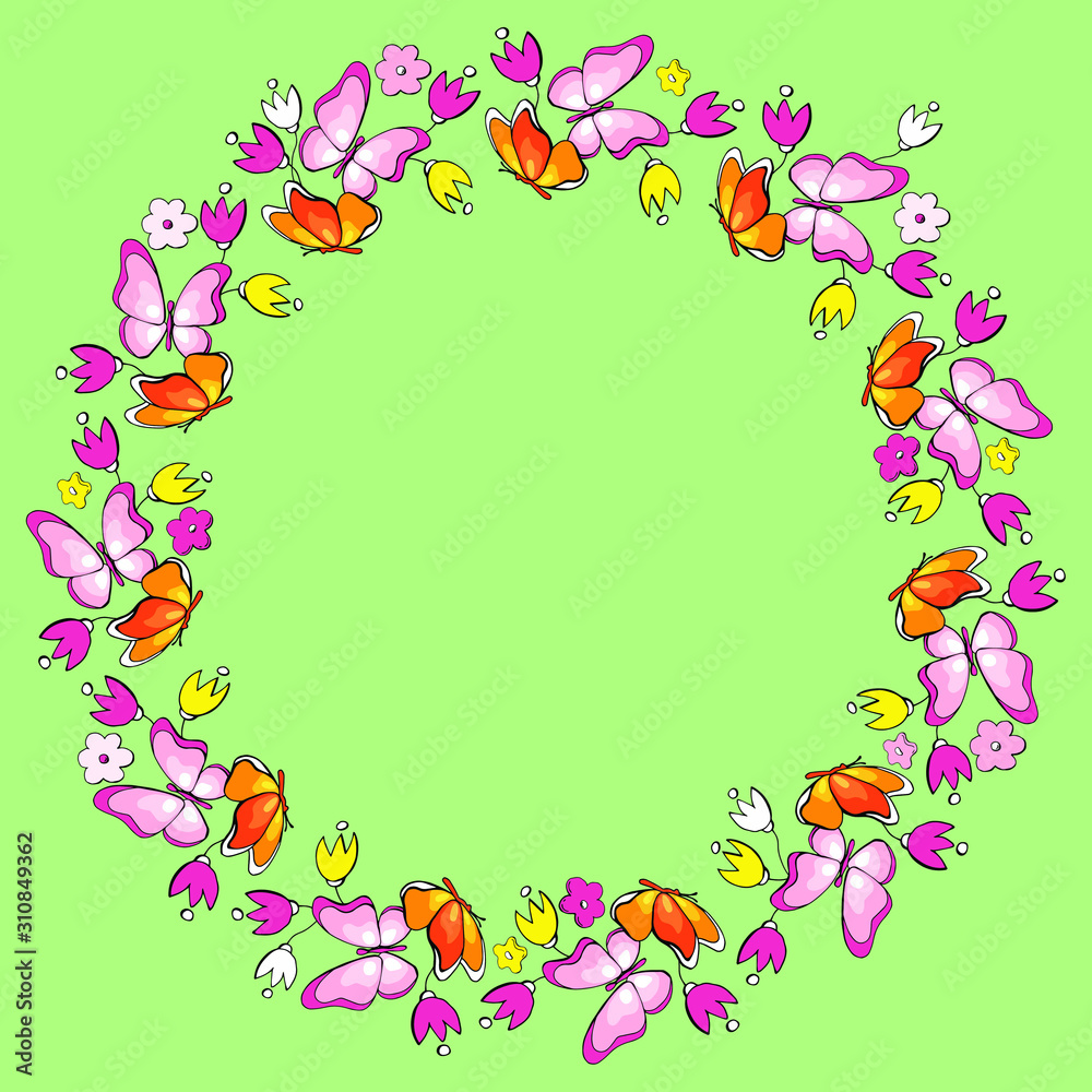 wreath of butterflies and flowers, stock illustration wreath of butterflies and flowers, stock illustration