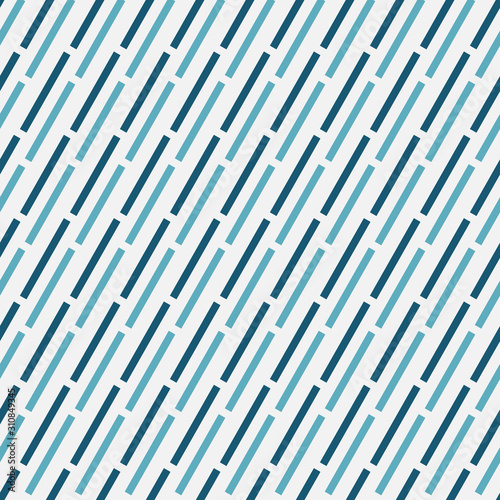 A simple seamless vector abstract pattern with teal andblue dashed diagonal lines on a white background. Mminimal unisex srface print design.