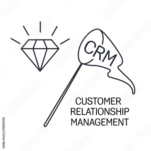 Catch  diamond. CRM - customer relationship management.Vector linear icon on a white background.