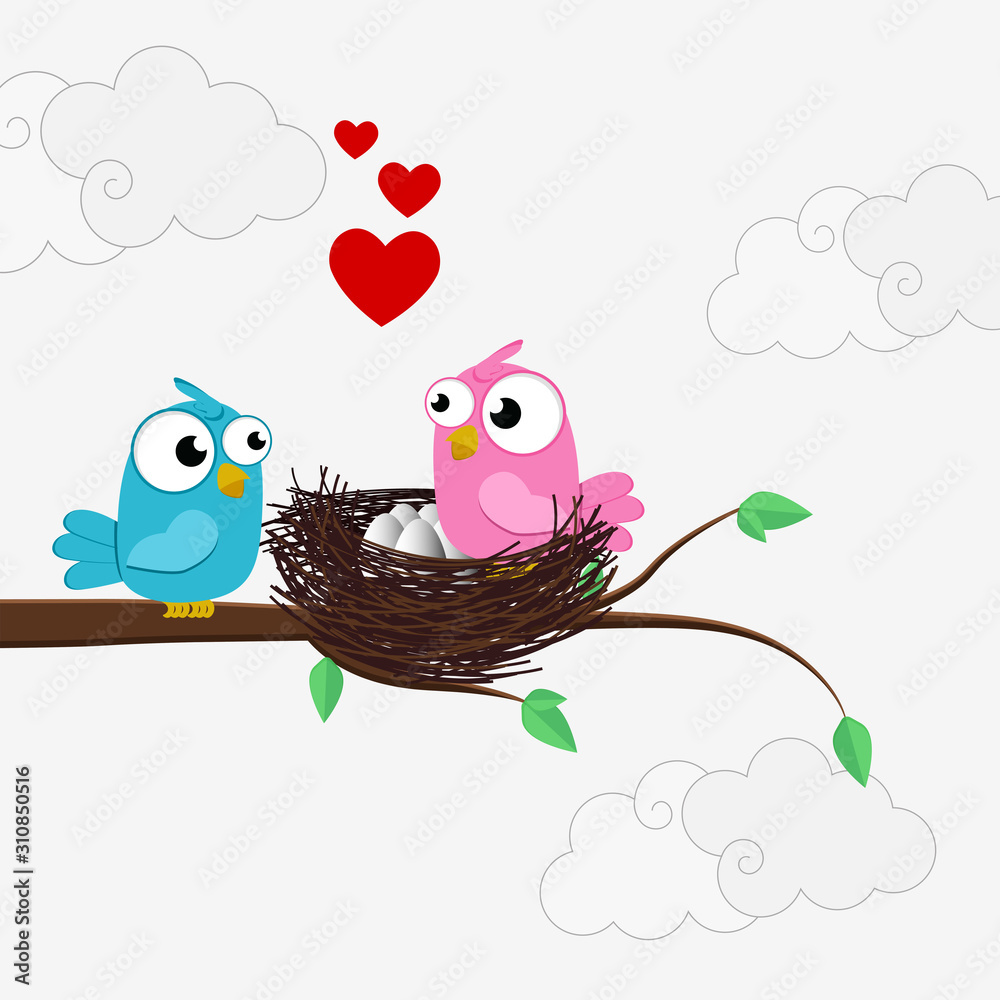 Fototapeta premium Creative of love valentines day concept. Love birds couple background. Vector illustration invitation card Valentine's day paper cut style. Valentines wallpaper. Banner. Post