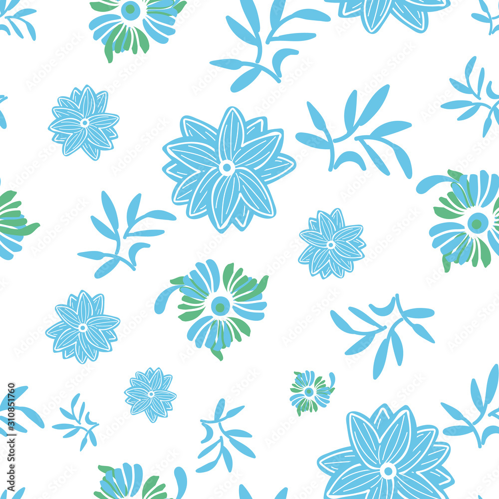 A seamless vector pastel pattern with blue and green flowers and leaves on a white background. Surface print design.