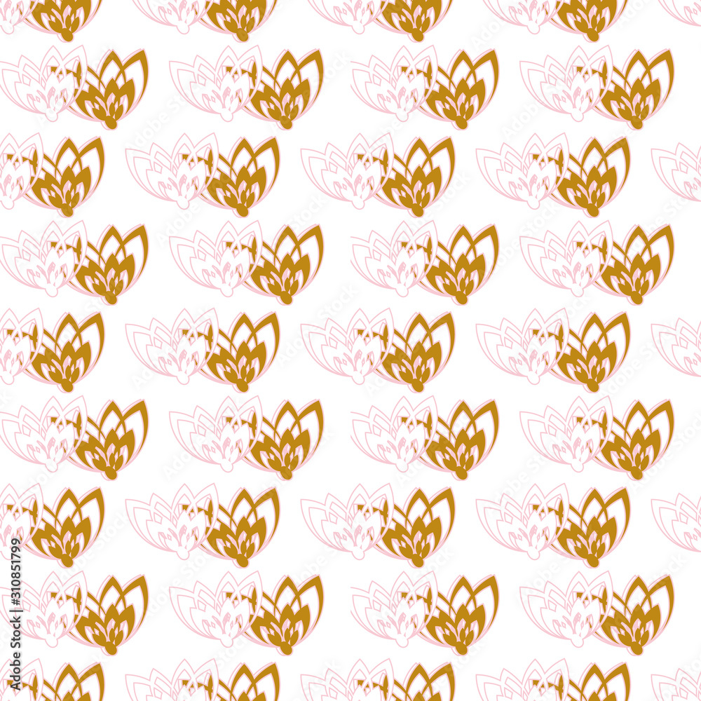 A seamless vector pattern with golden and pink floral shapes in vertical layout. Feminine elegant surface print design. Great for wedding cards,invitations and wrapping paper.